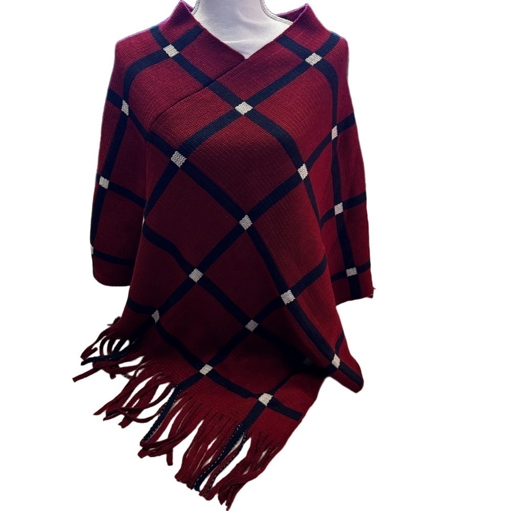 Crosstree Lane Red & Black Plaid Poncho - Size OS Fringe Diamond Shape Pattern